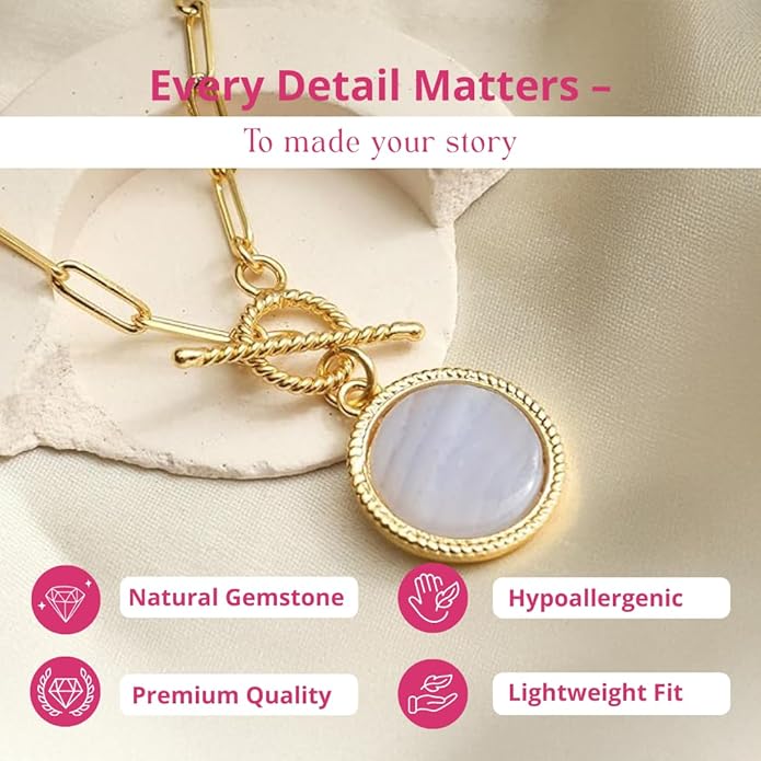 Gempires Gemstone Coin Front Toggle Pendant Necklace for Women with Gold Paperclip Chain, Natural Crystal Pendant with Toggle Clasp, Handcrafted Perfect Jewelry Gift for her