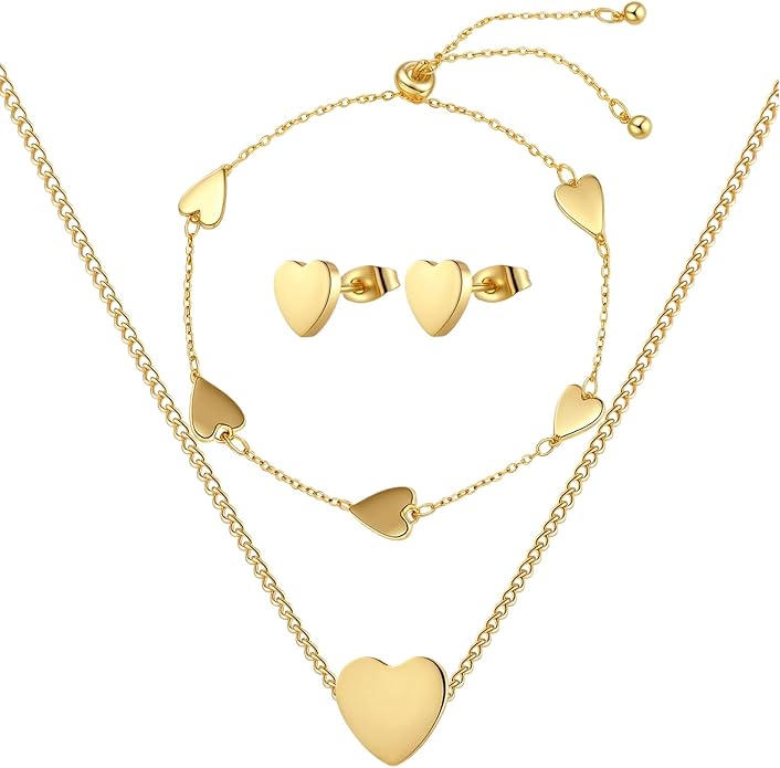 Bucherry 3 Pcs Heart Jewelry Set Bow Snowflake Jewelry Heart Pendant Chain Toggle Necklace with Bracelet Earrings Snowflake Stainless Steel Link Chain for Women Gift