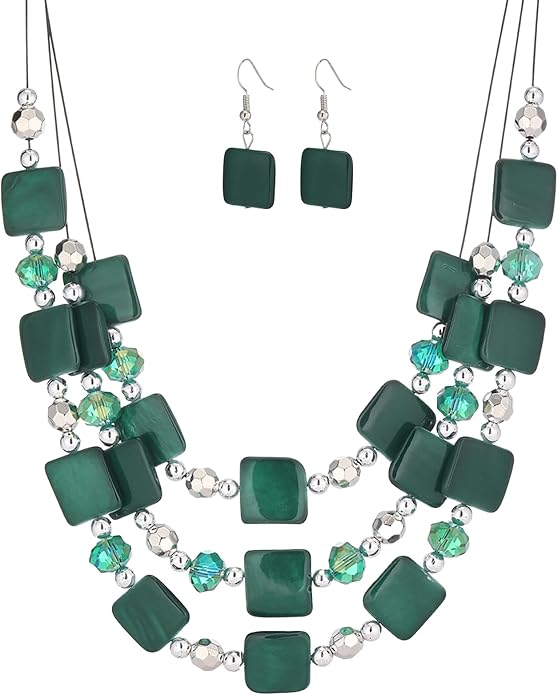 Layered Beaded Statement Necklaces for Women Square Shell Bead Collar Necklace and Earring Set Birthday Gifts Boho Jewelry Sets for Women
