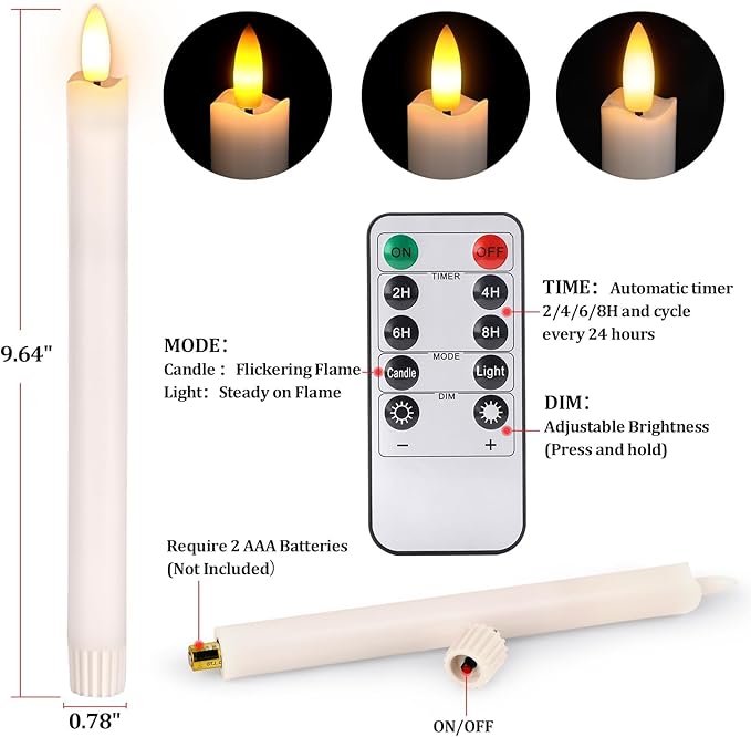 Flameless Candles with Remote: 8 Pack Battery Operated Window Candles 9.6" Real Wax LED Flickering Flameless Taper Candles 3D Wick Lights Halloween Christmas Wedding Birthday Party Decorations (White)