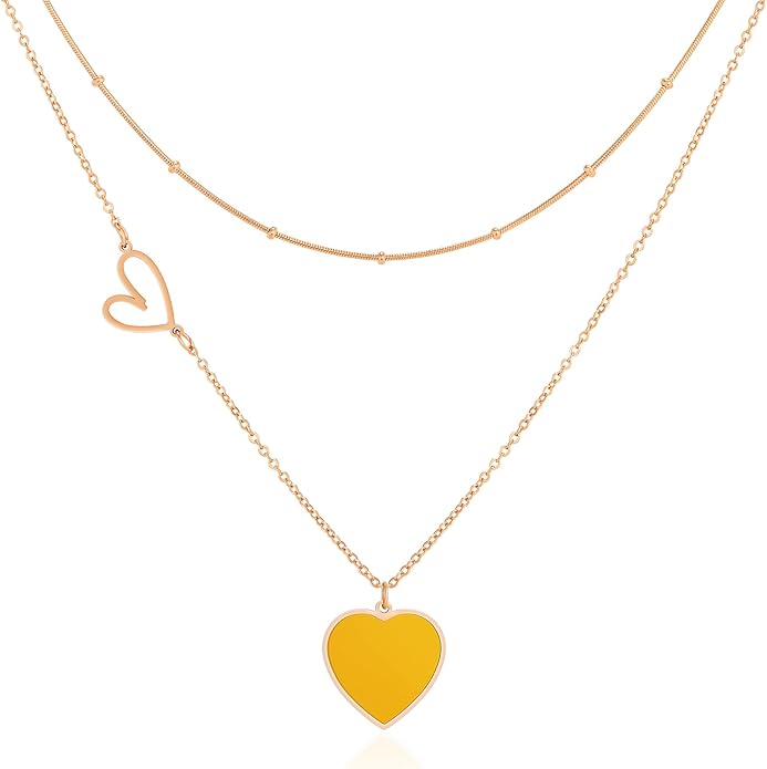 Linawe Layered Choker Heart Pendant Necklace for Women Trendy, Gold/Silver/Rose Gold Chain Stainless Steel Stacked Necklaces, Double Heart Necklace Y2K Preppy Jewelry