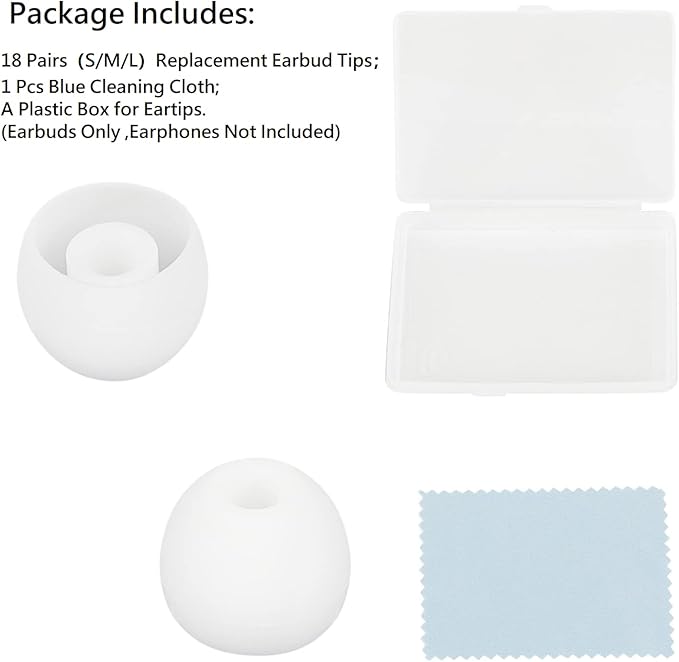 Earbud Tips Soft and Comfortable Headphone Ear Tips Ear Bud Replacement Pieces Silicone Fit Most in-Ear Headphones，Inner Hole 3.8mm -5.5mm，18 Pairs White S/M/L Replacement Earbud Tips
