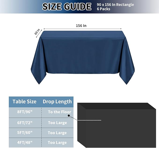 PureFit 6 Pack Rectangle Navy Blue Table Cloths 90 x 156 Inch for 8Ft Tables, Stain and Wrinkle Resistant Table Linens for Home Use, Wedding, Party, Banquet and Camping