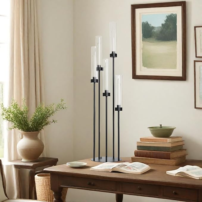 39.8''Matte Black Candle Holder with Acrylic Shades Tall 5 Arm Candelabra Black Table Centerpiece for Wedding Living Dining Room Fireplace Decoration Fit 0.98''LED Taper