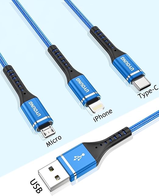 Multi Charging Cable 2Pack 4FT, 3 in 1 Charger Cable Braided Universal Phone Charging Cord with Lightning/Type C/Micro USB Ends, Multiple USB Cable for iPhone/Samsung/Google Cell Phones and More