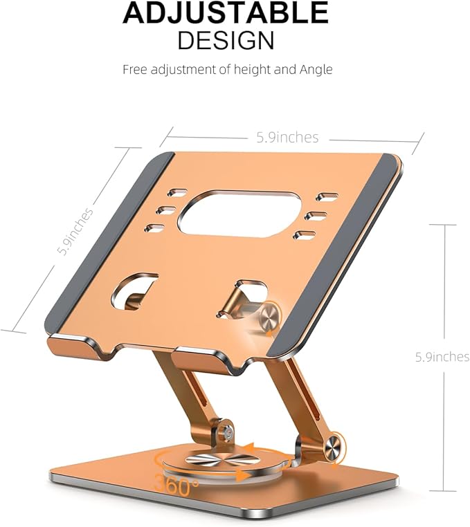 Tablet Stand Holder with Thickened 360°Rotating Base Dual Rod Adjustable Aluminum Stand for All 5.8-12.9” iPad Samsung Phone Tablet Kindle E-Reader and More, Rose