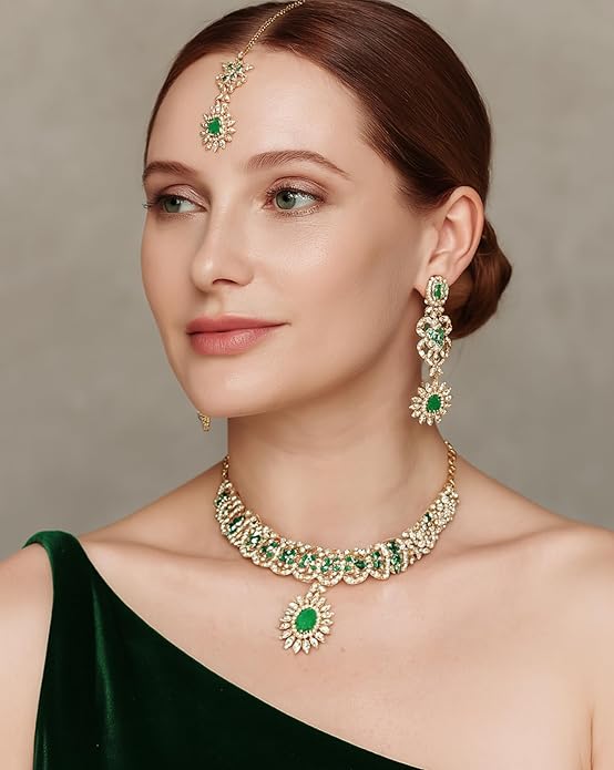 Touchstone Indian jewelry sets for women wedding gold kundan necklace traditional earrings tikka bollywood party style white crystal rhinestone guest gift bridal costume prom dainty accessories