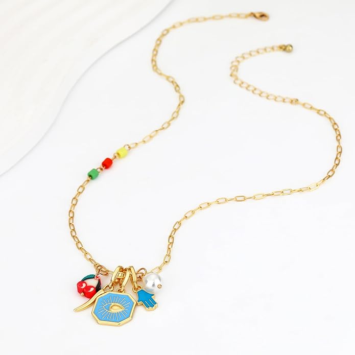 Charm Necklace for Women Gold Evil Eye Sun Moon Flower Coin Pendant Necklace Dainty Paperclip Chain Vintage Luck Amulet Choker Necklaces Celestial Jewelry Gift