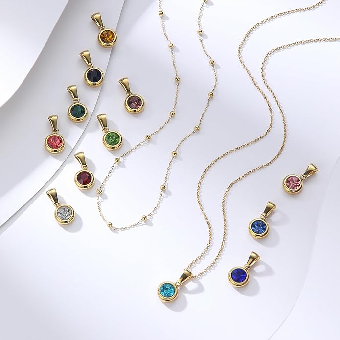 14K Gold-Plated Women's Double-Layer Birthstone Necklace Delicate Round Birthstone Pendant with a Simple Necklace, a Birthday Gift for Women Teenage Girls