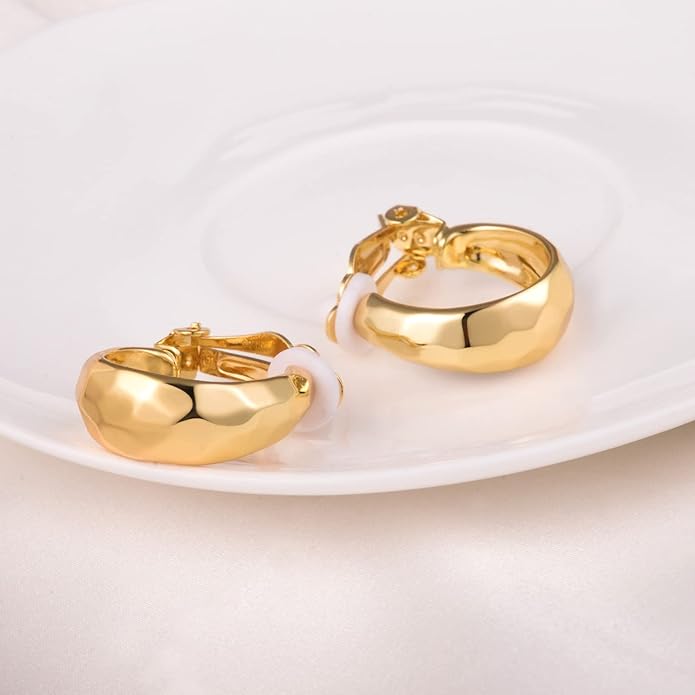 Clip on Earrings Women, 14K Gold Hoop Clip-On Earrings for Women, Hypoallergenic Non Pierced Croissant Earrings