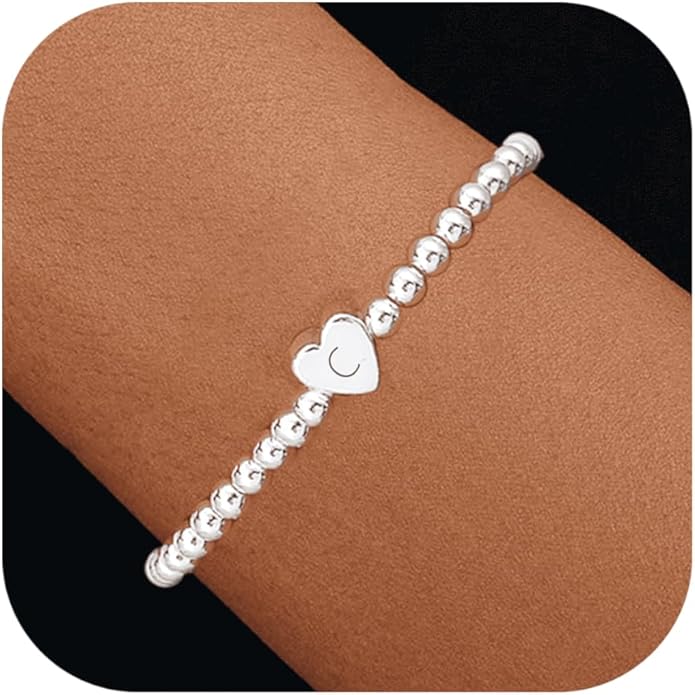 Valentines Day Gifts for Women Her - Dainty Beaded Heart Initial Bracelets Letter A-Z Charm Stretch Bead Ball Bracelet Trendy Jewelry Gifts