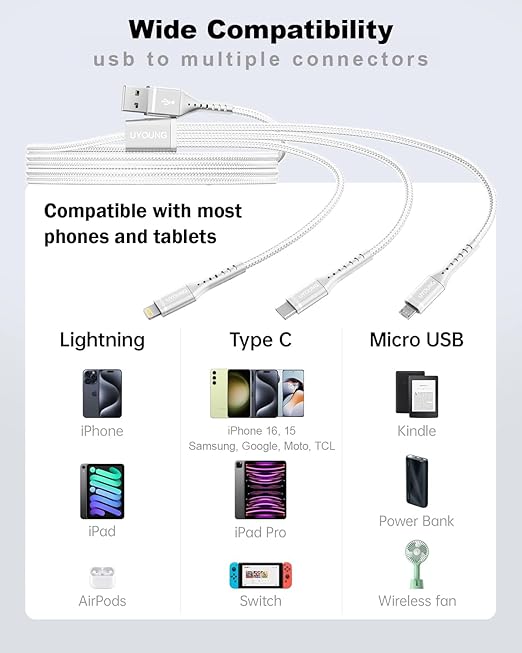 Multi Charging Cable 2Pack 4FT, 3 in 1 Charger Cable Braided Universal Phone Charging Cord with Lightning/Type C/Micro USB Ends, Multiple USB Cable for iPhone 16 15/Samsung/Google Cell Phones and More