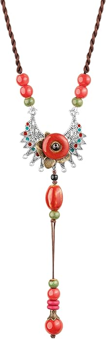 MINACHI Vintage Bohemian Colorful Ceramic Bead Antique Flower Y Necklace, Vintage Boho Hippie Statement Jewelry Gift for Women