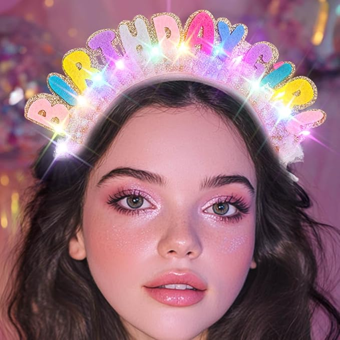 Light Up Birthday Girl Headbands LED Pink Birthday Crown Headpiece Glitter Party Hair Accessories for Women (Pink, One Size)