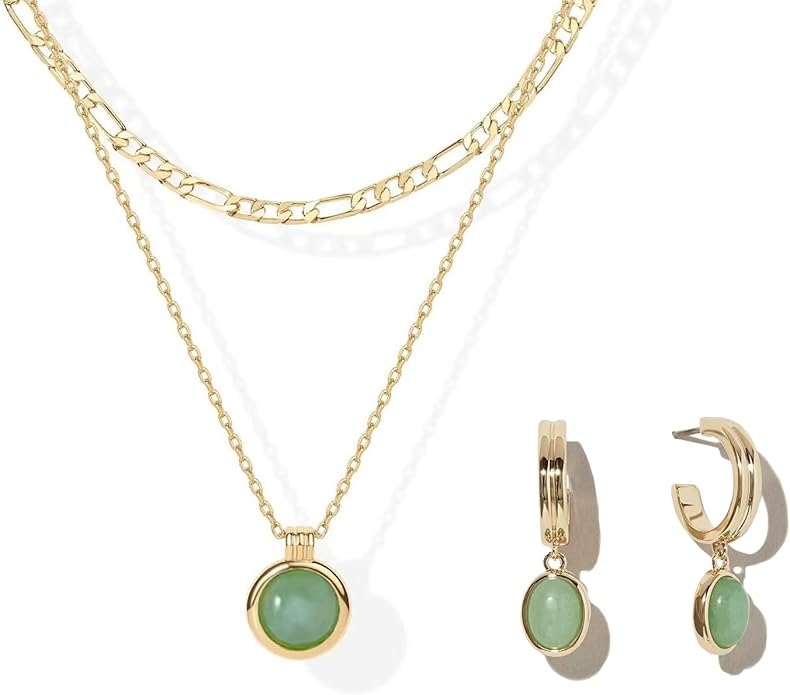 DISTANT DRUMS Simple Natural Green Aventurine Stone Jewelry Set for Women,Hoop Earrings,Bracelet,Necklace,18K Gold-plated Spiritual Gift,Fortunate Stone Jewelry,Choker