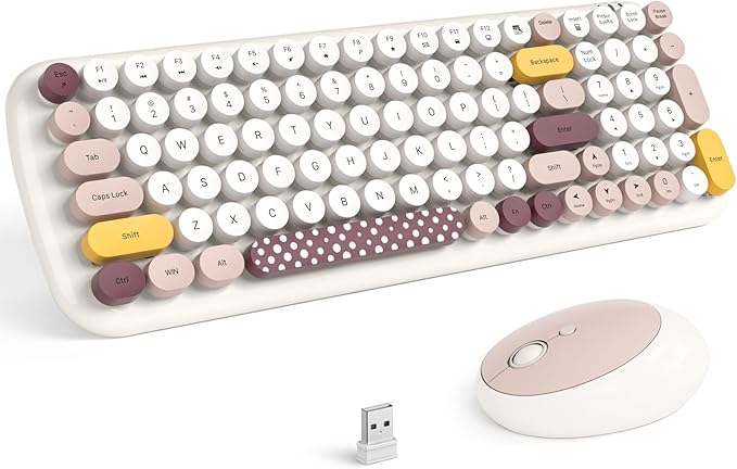 KNOWSQT Wireless Keyboard and Mouse Combo, Light Beige 100 Keys 2.4 GHz Round Keycap Typewriter Keyboards, USB Receiver Plug and Play, for Windows, PC, Laptop, Computer, Desktop