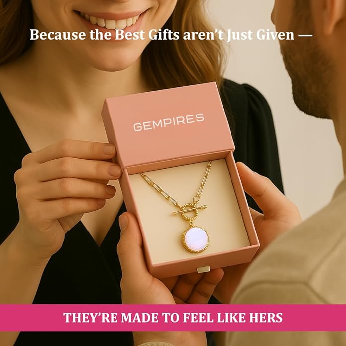 Gempires Gemstone Coin Front Toggle Pendant Necklace for Women with Gold Paperclip Chain, Natural Crystal Pendant with Toggle Clasp, Handcrafted Perfect Jewelry Gift for her