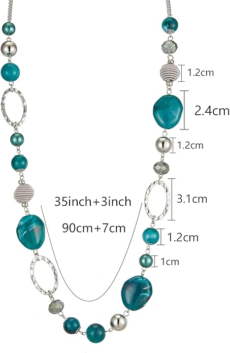 BULINLIN Beaded Long Necklace for Women Silver Sweater Chain Necklace with Crystal Resin Beads, Fashion Jewelry Necklace