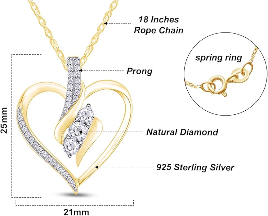 3 Stone Heart Pendant Necklace for Women in 14K Gold Over 925 Sterling Silver, Natural Diamond, Moissanite or Lab-Grown Diamond (0.25 Ct), Dainty Jewelry Gift with 18" Chain for Her Valentine’s Day