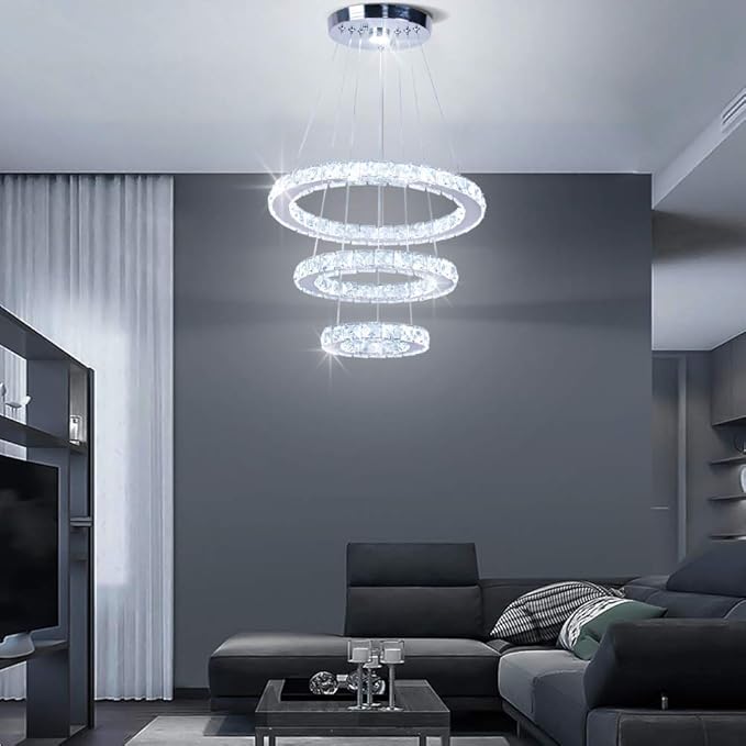 3-Ring Crystal LED Chandelier Modern Ring Pendant Light,47W Cool White (4500K-6000K) K9 Crystal&Stainless Steel, Adjustable Height for Dining Room Kitchen Island Living Room Foyer
