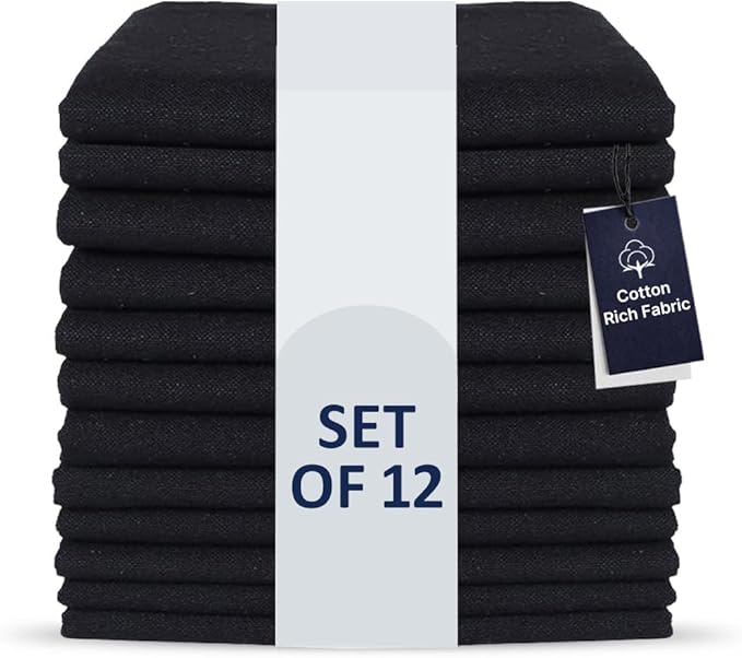 LFH Home Cotton Rich Metered Napkins for Dining Table Set of 12, Elegant Cloth Napkins for Wedding Party or Everyday Use Machine Washable Durable Reusable and Soft for Hosting 18x18 Inch - Black