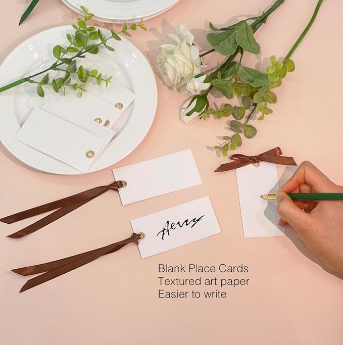 25 Pcs Name Place Cards Blank Seat Card, 2 x 4 in Table Cards with Stain Ribbon, Wedding Place Card, Hanging Tags for Wedding table Setting Reserved Chairs Signs Dinner Banquet Parties.(Brown)