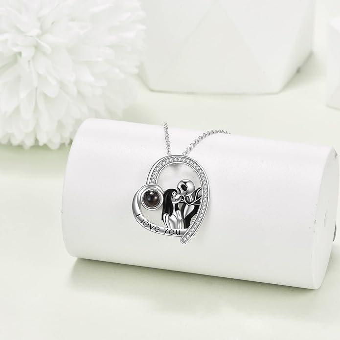 LILALO Nightmare Necklace Sterling Silver Abalone Shell Crystal Jack and Sally Necklace Jack Skellington Skull Jewelry Skull Necklaces for Women