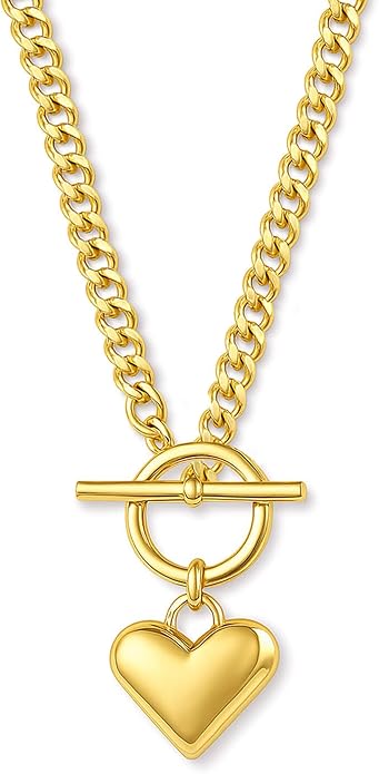 Zeffy 14K Gold/Silver Plated Chunky Thick Chain Toggle Clasp Necklace Dainty Baroque Pearl/Heart/Cross/Turquoise Pendant Necklace