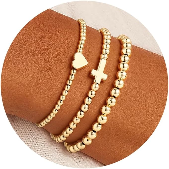Turandoss Gold Bracelets for Women - Dainty 14K Gold Plated Bow Cross Beaded Bracelets for Women Stackable Heart Bead Bracelet Set Wave CZ Round Ball Bracelet Valentine's Day Gifts for Her