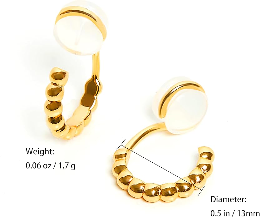 Clip on Hoop Earrings for Women, 14K Real Gold Plated Non Pierced Small Hoop Cubic Zirconia, Fake Piercing Mini Beaded Hoop Earrings Set 2 Pairs