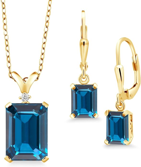 Gem Stone King 9-13 Cttw Pendant and Earrings Jewelry Set For Women | Emerald Cut 14X10MM and 8X6MM | Round 1.5MM | Gemstone Birthstone and Diamond | 925 Sterling Silver | 18 Inch Silver Chain