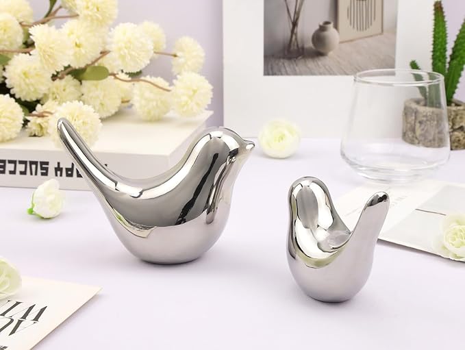 LAIDANLA Small Birds Statues Silver Modern Style Home Decor Birds Small Animal Sculpture for Living Room Office Desktop Shelf Coffee Table Bedroom（2pcs）