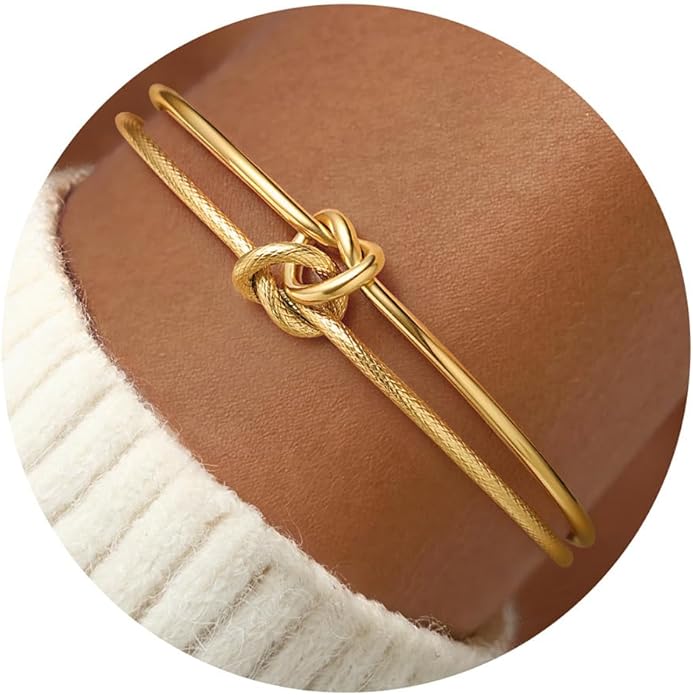 Turandoss Gold Knot Bangle Bracelets for Women - Dainty 18K Gold Plated Cuff Bangle Bracelets for Women Trendy Personalized Open Love Knot Bracelet Adjustable Cuff Bracelet Valentine Gifts for Her
