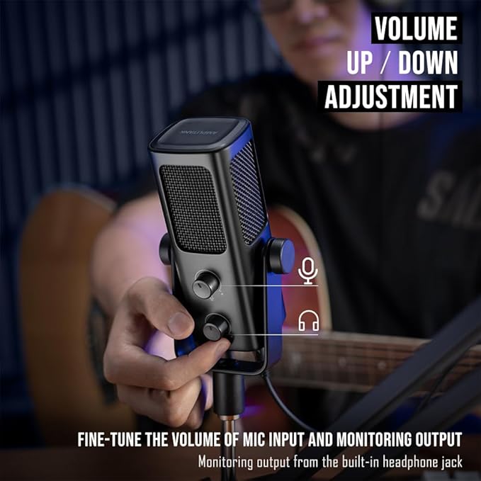 FIFINE USB-Podcast-Condenser-Microphone for Studio-Recording/Computer-Streaming, Desktop-Metal-Mic for YouTube Music Vocal Creation, with Monitor-Mix Volume-Control, Low-Cut Switch (PROFILE3)