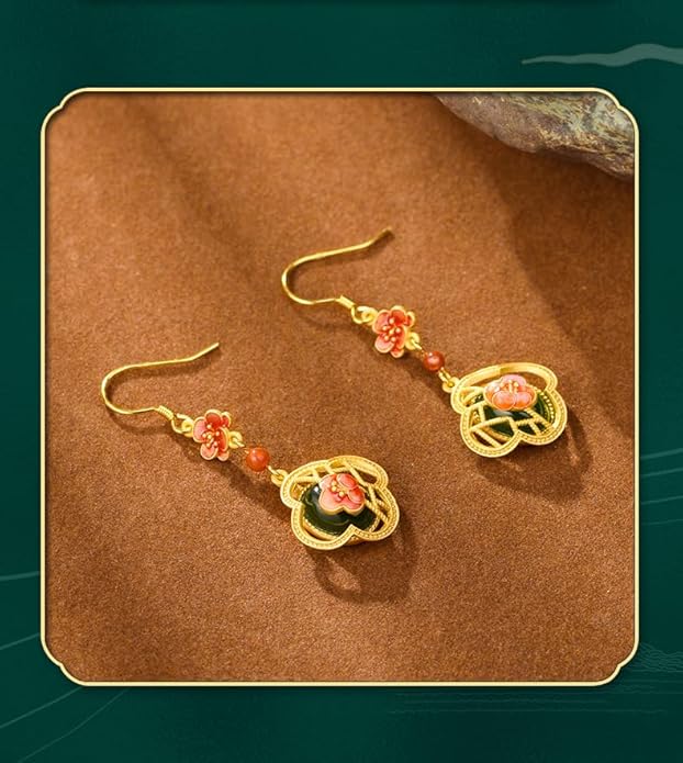 14K Gold over S925 Real Natural Jade Plum Blossom Earrings, Enamel Vintage Style Dangle Earrings, Delicate Jade Jewelry Gift for Wife's Elegance