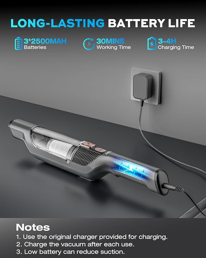 Zefiro Handheld Car Vacuum Cleaner, 22KPa Hand Held Vacuum Cordless Rechargeable with 2 HEPA Filters, 2 High Powerful Suction, 2 Nozzles, Portable Mini Dustbuster for Car, Home, Office, Pet Hair, S10