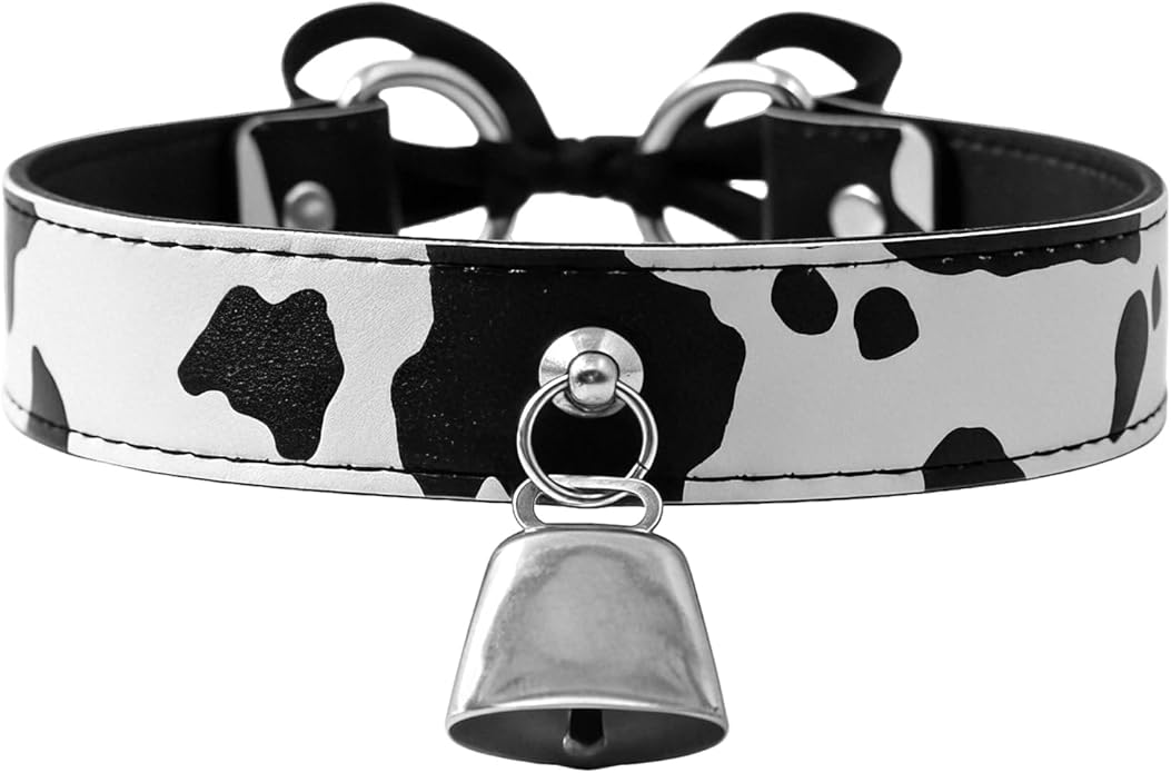 Bell Collar Necklace for Women, Cow Print PU Leather Choker with Flat Ribbon Tie, Anime Cow Cosplay Jewelry Gifts