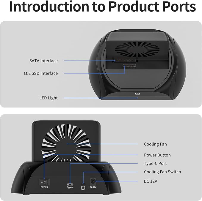Hard Drive Docking Station, Pcie NVMe Adapter with Cooling Fan Superior Cooling Efficiency, External Hard Drive Reader Compatible with M.2 NVMe/SATA SSD & 2.5" and 3.5" SATA HDD SSD