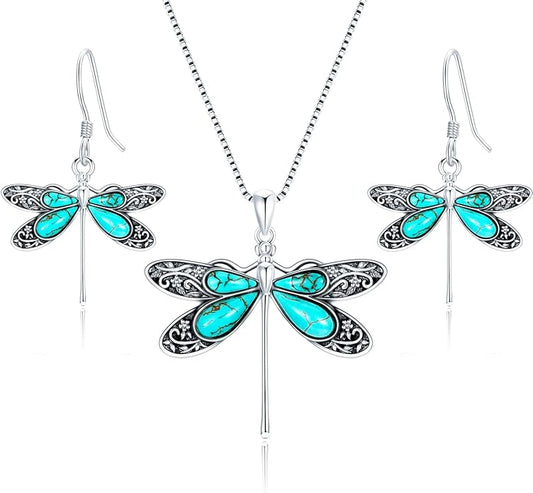 Genuine Dragonfly Turquoise Jewelry Set for Women, Sterling Silver Vintage Native American Western Jewelry Birthdays Gift for Women
