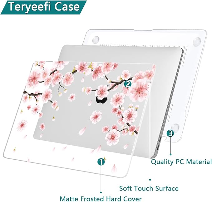 Teryeefi New MacBook Air 13 Inch Case 2021 2020 2019 2018 Release A2337 M1/ A1932/A2179 with Retina Display Touch ID, Floral Hard Plastic Shell Case and Keyboard Cover,Cherry Blossoms