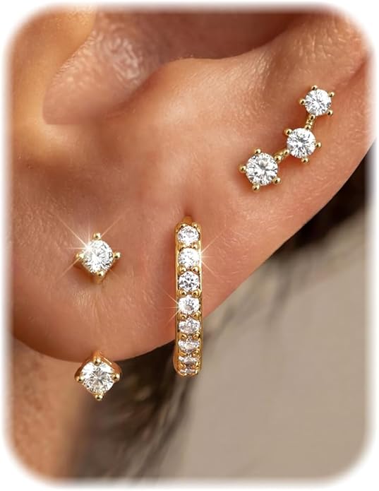 FIASASO 3 Pairs 925 Sterling Silver Hypoallergenic Earrings for Women Trendy - 14K Gold Plated Stud Hoop Cartilage Earrings Set Small Earring Stacks for Sensitive Ears Non Tarnish Dainty Silver Earring