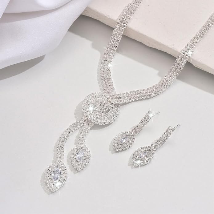 Unicra Silver Rhinestone Bridal Wedding Jewelry Set Crystal Necklace Earrings Sets Formal Prom Costume Jewelry Sets for Women and Brides