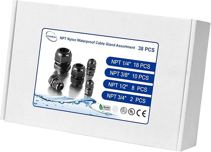 IP68 Waterproof NPT Cable Glands Assortment - 38pcs Cord Grip for Cables 1/4'', 3/8", 1/2", 3/4" - UL Listed and RoHS Compliant - Nylon Strain Relief