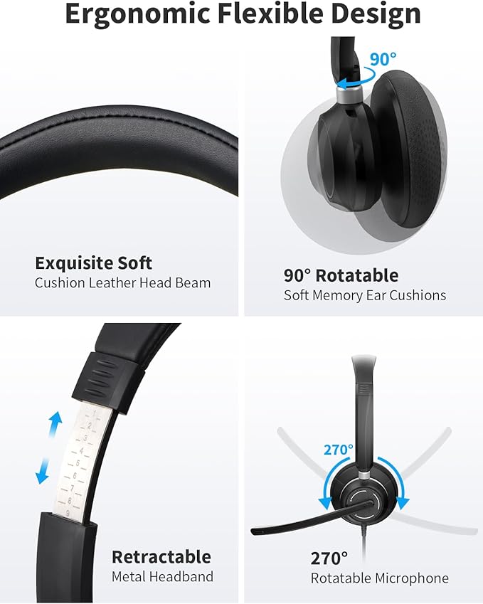 USB Headset with Microphone for PC, Wired Headphones with Noise Cancelling Mic, Computer Headset with in-line Controls, 3.5mm & USB Plug for Zoom, Skype, Call Center, Office Use, Black