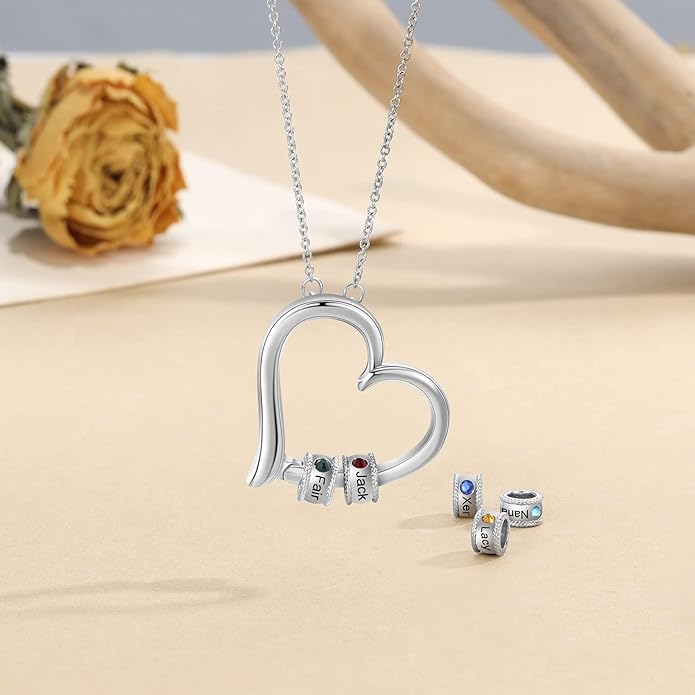 Personalized Women's Pendant Necklace 925 Sterling Silver with 1-5 Simulated Birthstone Names Customized Heart Shape Cubic Zirconia Necklace