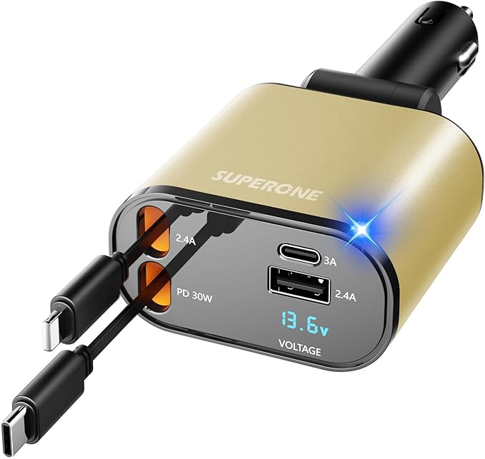 【Upgraded】 SUPERONE Retractable Car Charger 4 in 1, Fast Car Phone Charger with Cord 2.6ft, USB C and Apple Car Charger Adapter, Compatible with iPhone 15/15 Pro Max/14/13/12/11, Galaxy, Pixel