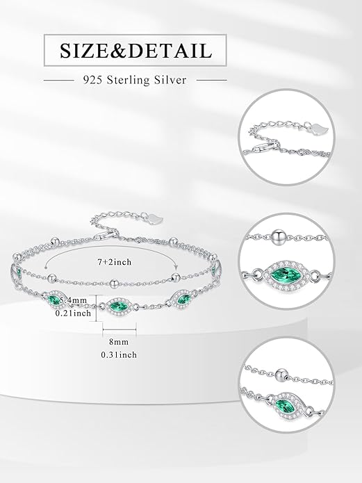 Evil Eye Birthstone Charm Link Bracelet 925 Sterling Silver Evil Eye Bracelet with 12 Months Birthstone Birthday Jewelry Gifts for Women Mom Her,Chain Length 7"+2" Extend