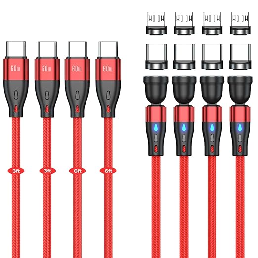 Magnetic Charging Cable (4 Pack, 3+3+6+6ft) 7Pin PD 60W USB C to USB Type C/Micro USB Fast Charging 540 Rotation Magnet Charger Cable Magnetic Phone Charger Data Cable for Smartphone Tablet Laptop