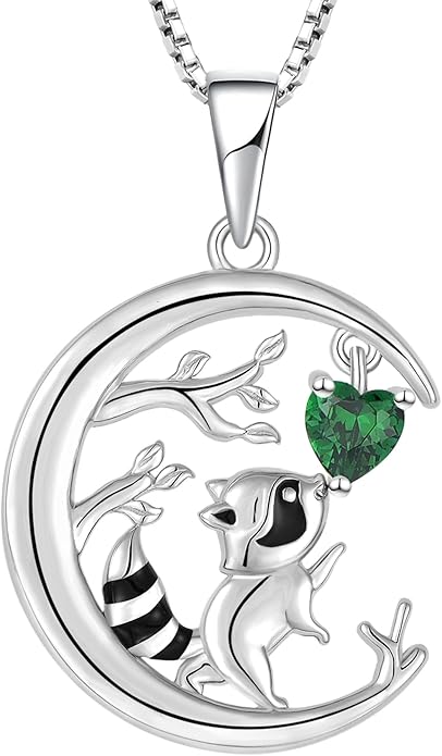 STARCHENIE Raccoon Necklace 925 Sterling Silver Heart Birthstone Pendant Cute Animal Jewelry for Women