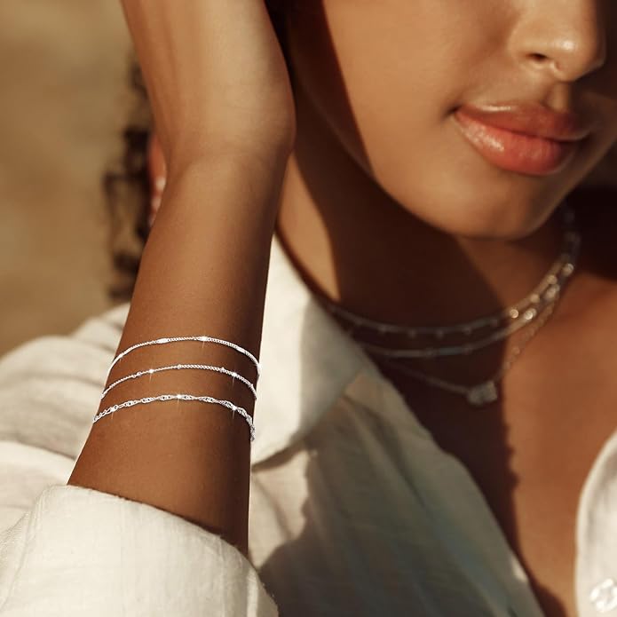 DEARMAY Dainty Silver Plated Bracelets for Women Trendy, Silver Jewelry Set for Women Bracelets for Women Paperclip Box Herringbone Figaro Rope Chain Bracelet Fashion Pack Gifts for Women
